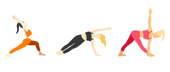 Yoga poses collection. European, African, Asian. Female woman girl. Vector illustration in cartoon flat style isolated on white background.