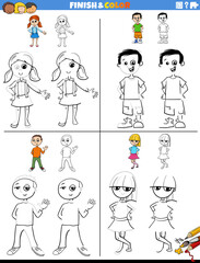 drawing and coloring worksheets set with children characters