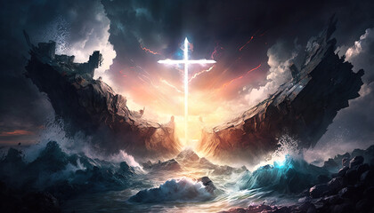 Abstract landscape showing the power of prayer with an archway exploding with energy and a Christian Cross symbol. Generative Ai.