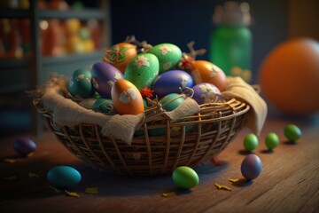 Fototapeta na wymiar Colorful Happy Easter eggs in basket on table.