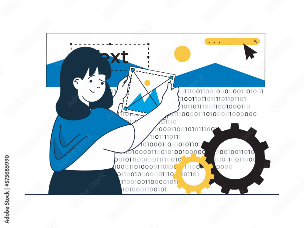 Poster Web development concept with character situation. Woman places graphic elements in page interface template, works with code and settings. Vector illustration with people scene in flat design for web