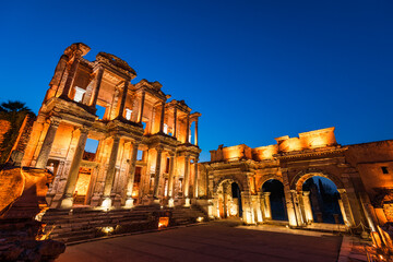 Night view of Ephesus Celsus Library, Turkey