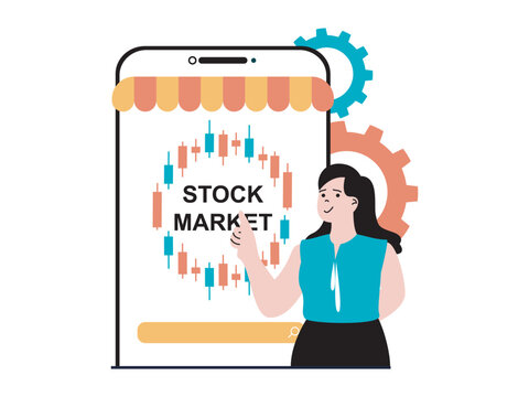 Stock trading concept with character situation. Woman analysis charts and graphs, works with data and makes trend forecast at mobile app. Vector illustration with people scene in flat design for web