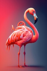 Exotic Pink flamingo bird closeup standing full height on blured background.