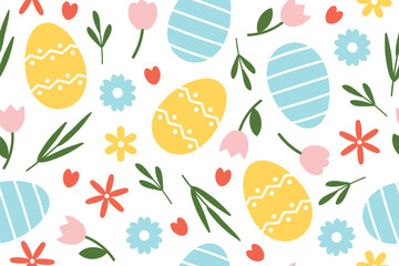 seamless easter pattern with flower elements and eggs - vector illustration