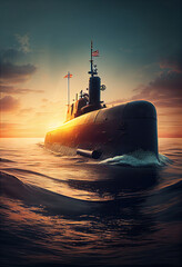Naval submarine on the sea surface. Military submarine on the water. Warship. Naval submarine on the sea surface. Nuclear submarine. Navy. Weapon The defense of the state. Military conflicts. High