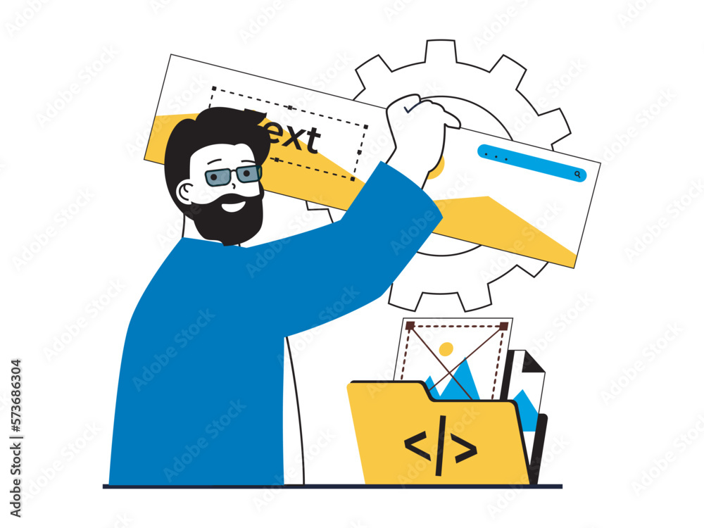 Poster web development concept with character situation. man creates layout interface, building sites and p