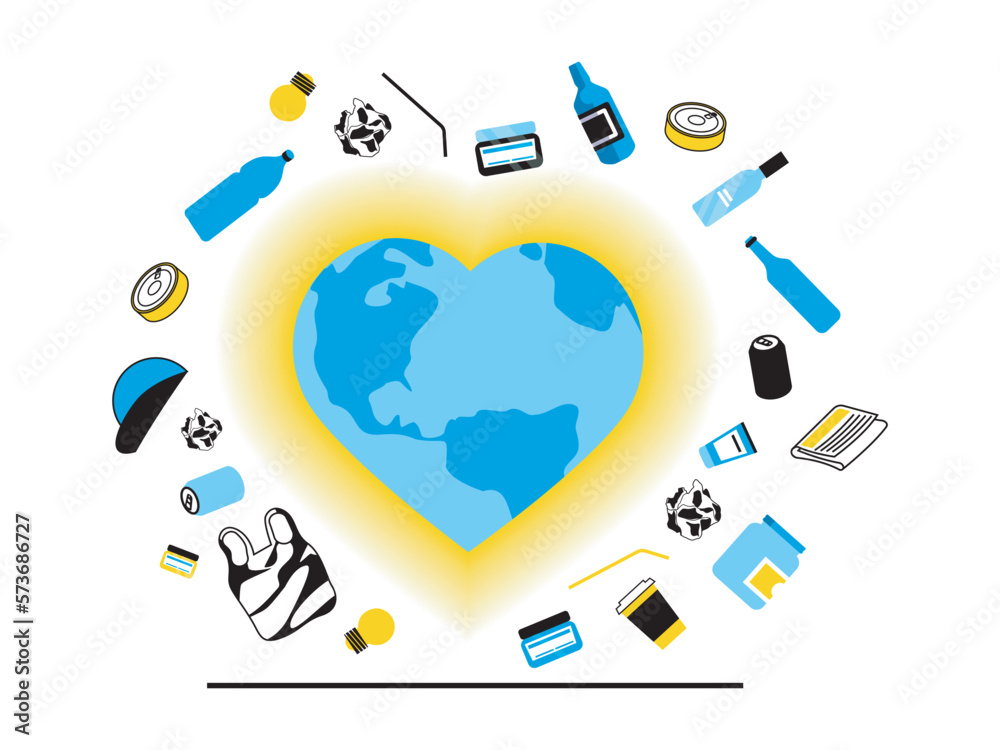 Poster zero waste concept with character situation. caring for environment and planet, collecting and recyc