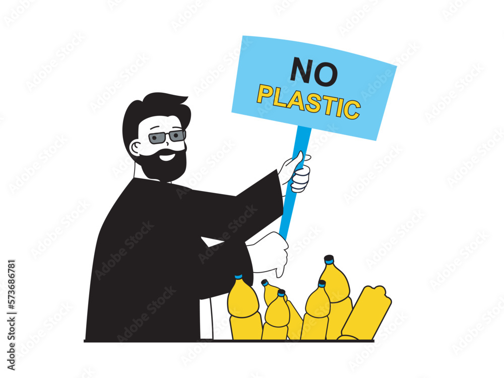 Leinwandbilder zero waste concept with character situation. man with banner calls for abandonment of using plastic,