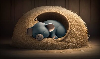  a blue elephant is laying in a hay ball on a wooden floor.  generative ai