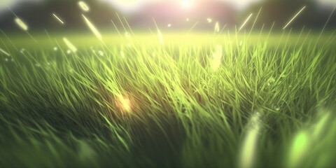 Green grass nature field closeup backlit by golden sunlight with sun rays. Natural spring grass on blurred bokeh background. Generative ai