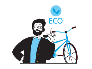 Zero waste concept with character situation. Man cares about environment and ecology of planet, rides bicycle and leads healthy lifestyle. Vector illustration with people scene in flat design for web