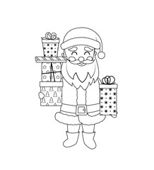 Coloring book. Santa Claus is carrying a lot of present for children. Black and white Santa. Vector