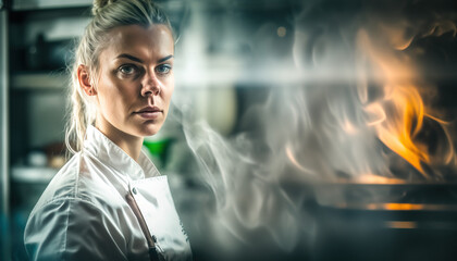 Portrait of a female cook in a restaurant kitchen. generative AI