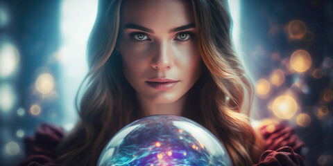 Fototapeta premium portrait of a woman fortune teller with magic ball. generative AI