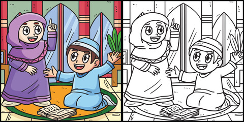 Ramadan Muslim Children Coloring Page Illustration