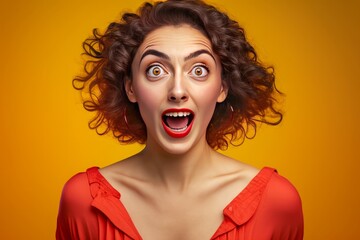 Surprised smiling woman on solid color background. Yeloow background portrait with wow secret and style. Fashion female makeup girl with deal, discount and gossip smile - obrazy, fototapety, plakaty