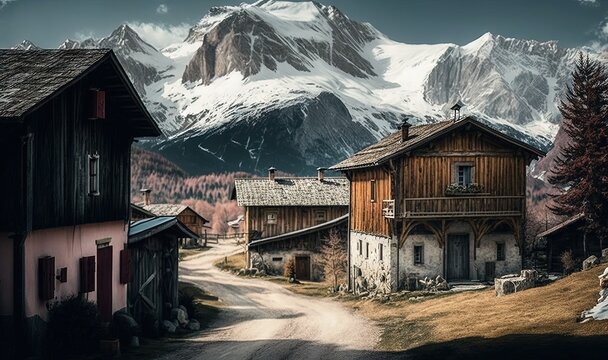  a mountain range is in the background of a village with a road.  generative ai