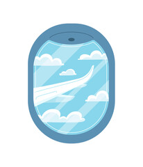 Airplane window with blue sky