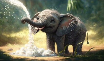  an elephant spraying water on itself with its trunk and trunk.  generative ai
