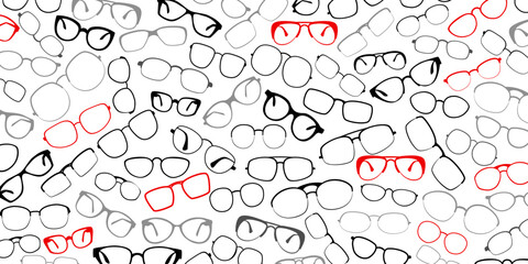 Background made of glasses or spectacle frames, black and red on white background