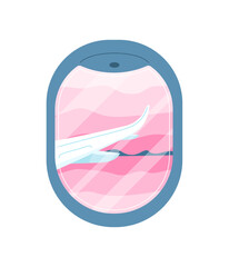 Airplane window with pink sky