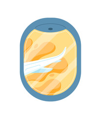 Airplane window with yellow sky