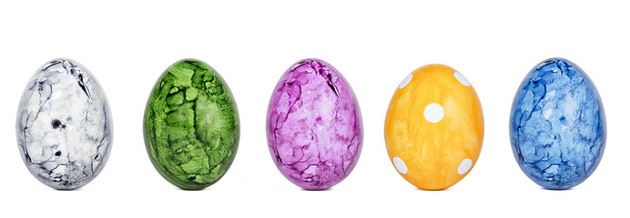 Different easter eggs isolated on white background, top view