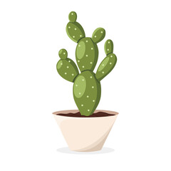 Cactus Opuntia. Home plant in the minimalistic pot. Home decor and gardening concept. Cute isolated vector illustration for product design and decoration