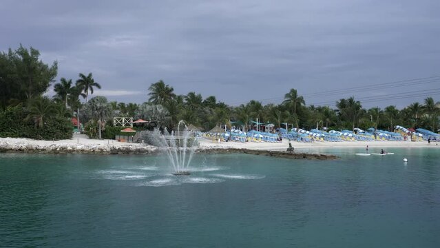 Coco Cay, Bahamas: CocoCay, the private island owned by Royal Caribbean cruise. Harbor beach, Skipper's Grill, Daredevil Tower of water slides, Captain Jack's bar, and Splash Summit.