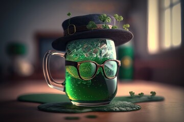 Illustration of traditional glasses, hat and beer. The concept of St. Patrice's day. AI Generation