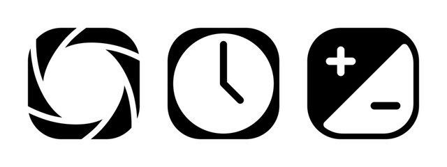 Photography Exposure Triangle Icons. Aperture, Shutter Speed and ISO.