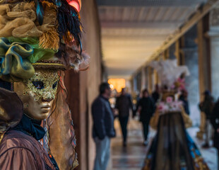 People wearing elaborate masks and costumes during the Venice carnival 