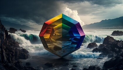 A Transparent Colorful Octagon with a Landscape Backdrop Generative AI - obrazy, fototapety, plakaty