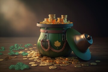 An illustration of a magic pot full of coins and a leprechaun's hat. St. Patrick's day concept. AI Generation