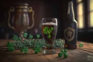 Illustration of beer in a bottle and in a glass in a pub on the table. St. Patrick's Day Concept. AI Generation