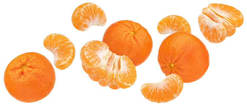 Falling mandarin orange fruits isolated on white background, collection