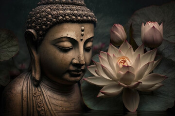 Spiritual Buddha statue meditating with lotus flower. Buddhist religion. Zen and enlightenment idea. Ai generated