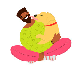 Happy black man plays and cuddles with a dog. Active holidays with pets. Fashion vector illustration in flat style