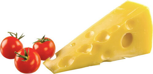 Piece of Yellow Cheese and Three Cherry Tomatoes - Isolated