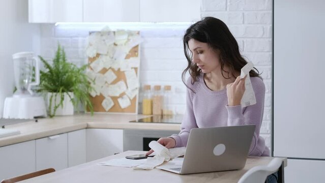 economical woman work on phone calculator at home pay bills taxes on gadget online, provident female calculate finances expenditures, manage plan family household budget on phone.