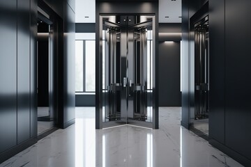 Iron elevator realistic composition with opened doors modern style. Ai.  Illustration of luxury hotel or office building corridor interior lift