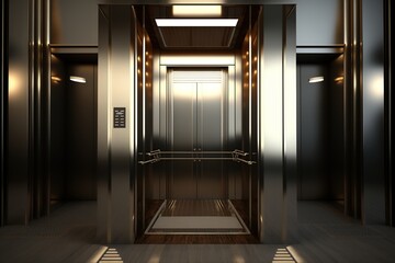 Iron elevator realistic composition with opened doors modern style. Ai.  Illustration of luxury hotel or office building corridor interior lift - obrazy, fototapety, plakaty