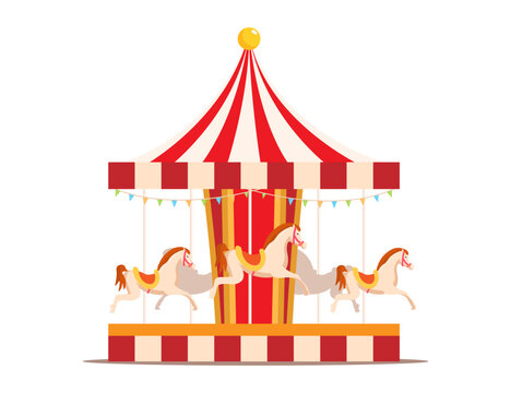 Children having on the carousel with horses. Merry go round in the amusement park. Isolated flat vector illustration