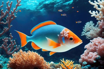 Plakat Underwater coral reef landscape with fish, generative ai, in the deep blue ocean with colorful marine life
