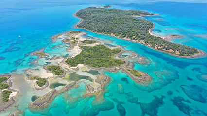 Fototapeta na wymiar Aerial drone photo of paradise volcanic white sand beaches in tropical destination atoll islet complex 