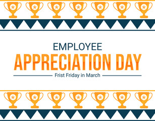 Employee appreciation day wallpaper with trophies and stars in the border traditional style. First Friday in march employee appreciation day backdrop