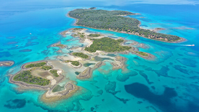 Aerial drone photo of paradise complex volcanic islands of Lichadonisia in North Evia, Greece