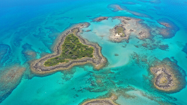 Aerial drone photo of paradise complex volcanic islands of Lichadonisia in North Evia, Greece