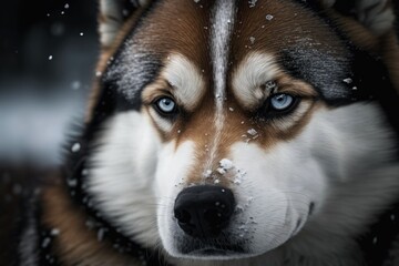 Obraz premium Photo taken up close of a husky dog. A lonely Siberian husky lays in the snow, depressed. Generative AI